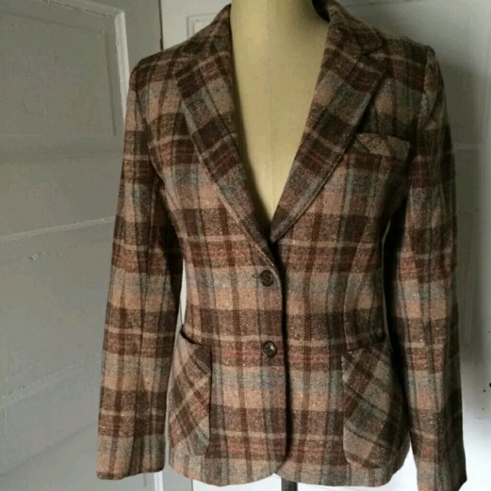 Vintage Wool Plaid Blazer Brown Tan 8 10
